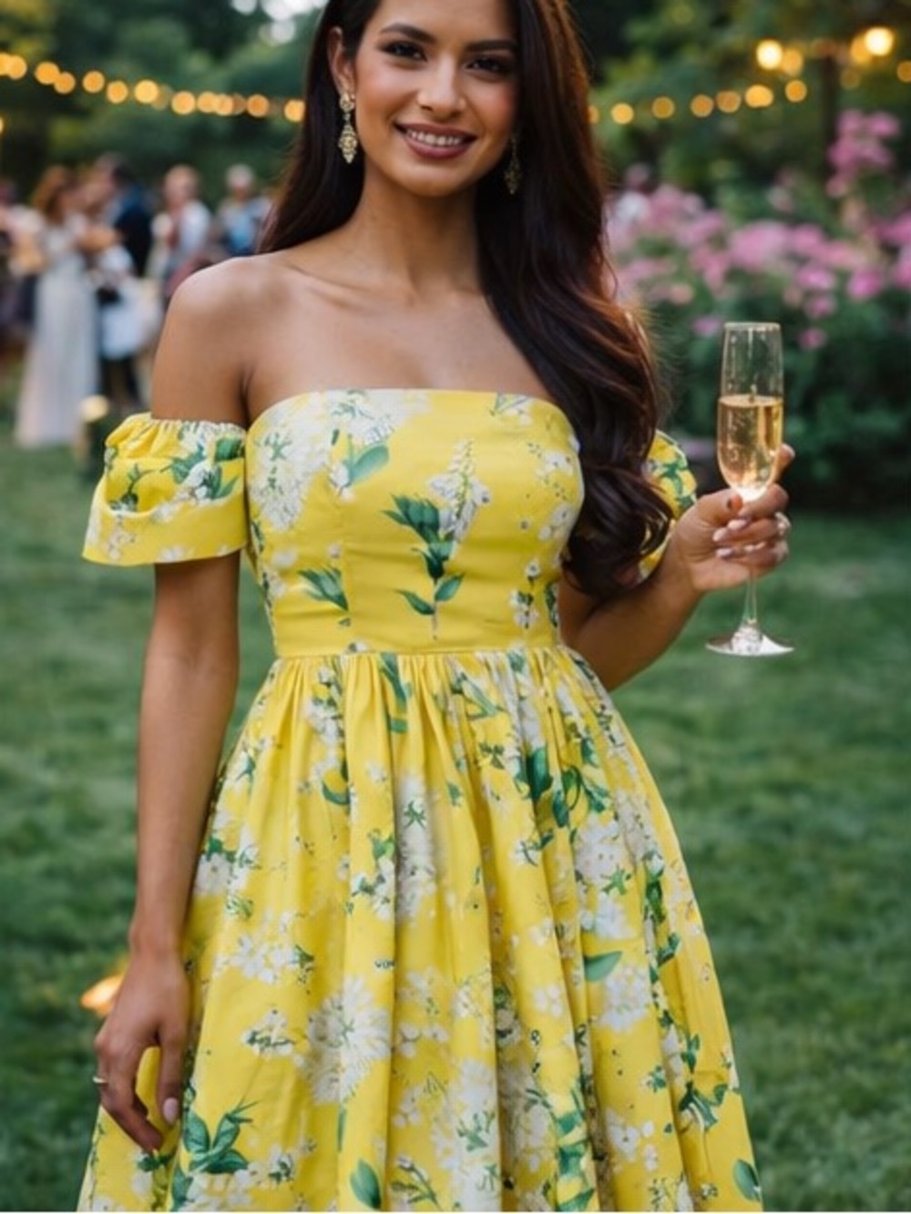 Sunny Yellow Off-Shoulder Floral Midi Dress، rare to find it - Picture 11 of 16